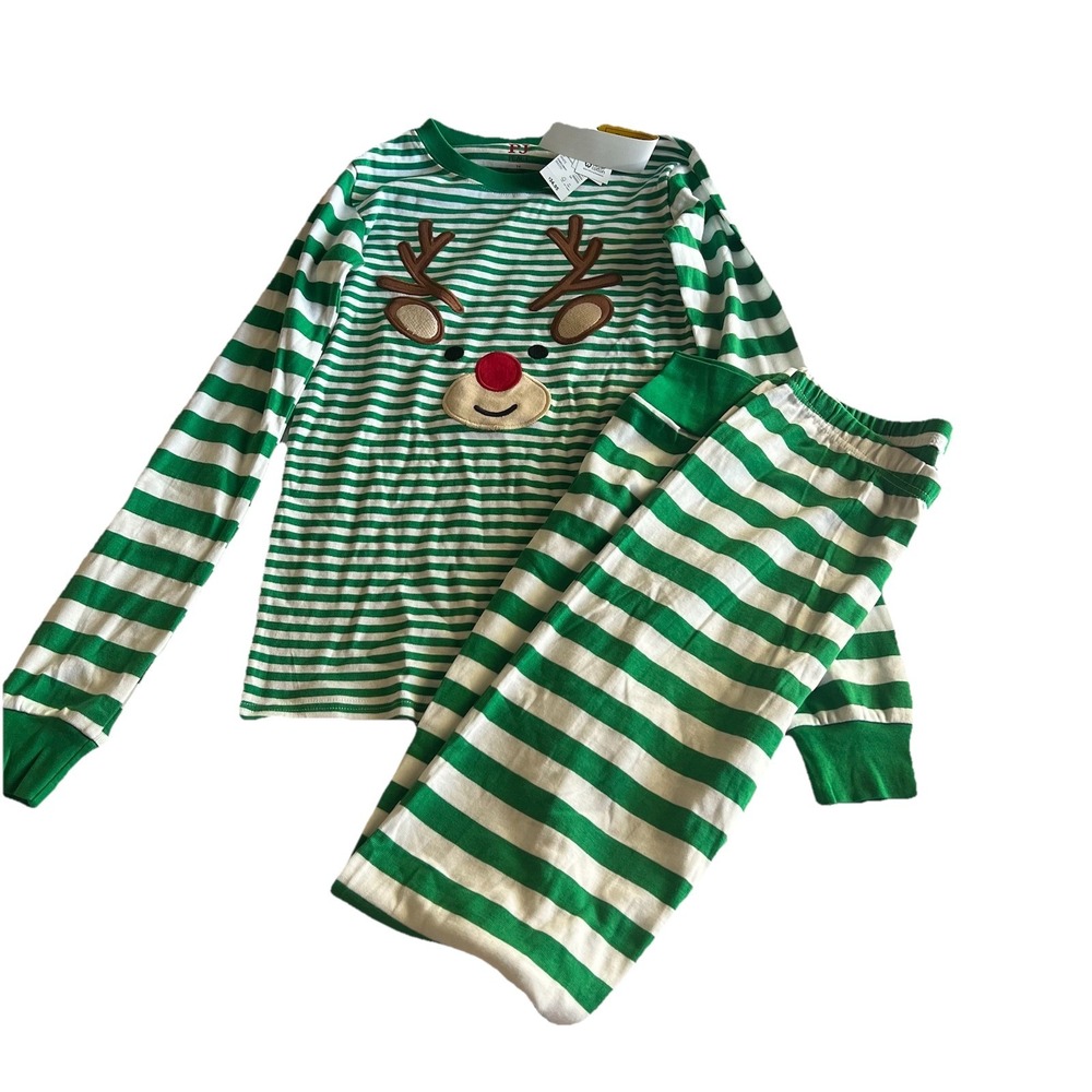 The Childrens Place Snug Fit Reindeer Pajamas Green Striped Holiday‎ Unisex 14